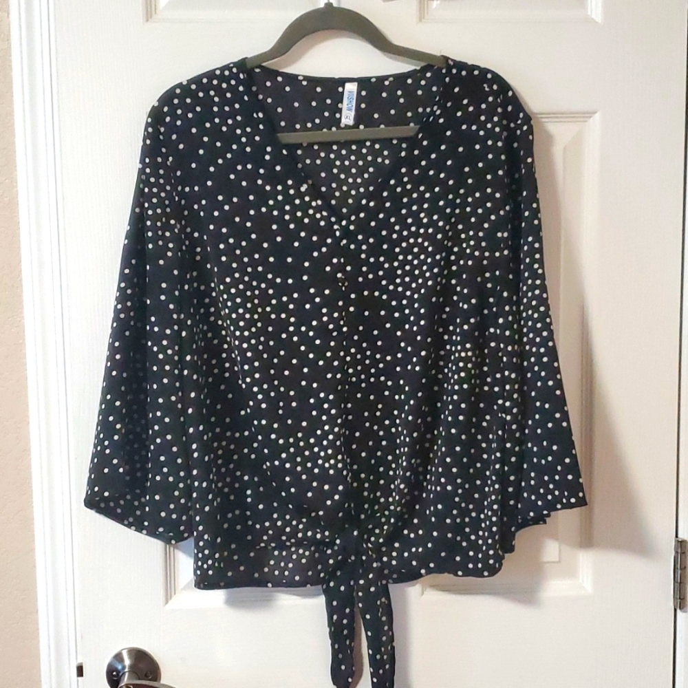 NWOT Black-and-white polka dot blousecwith ties in front